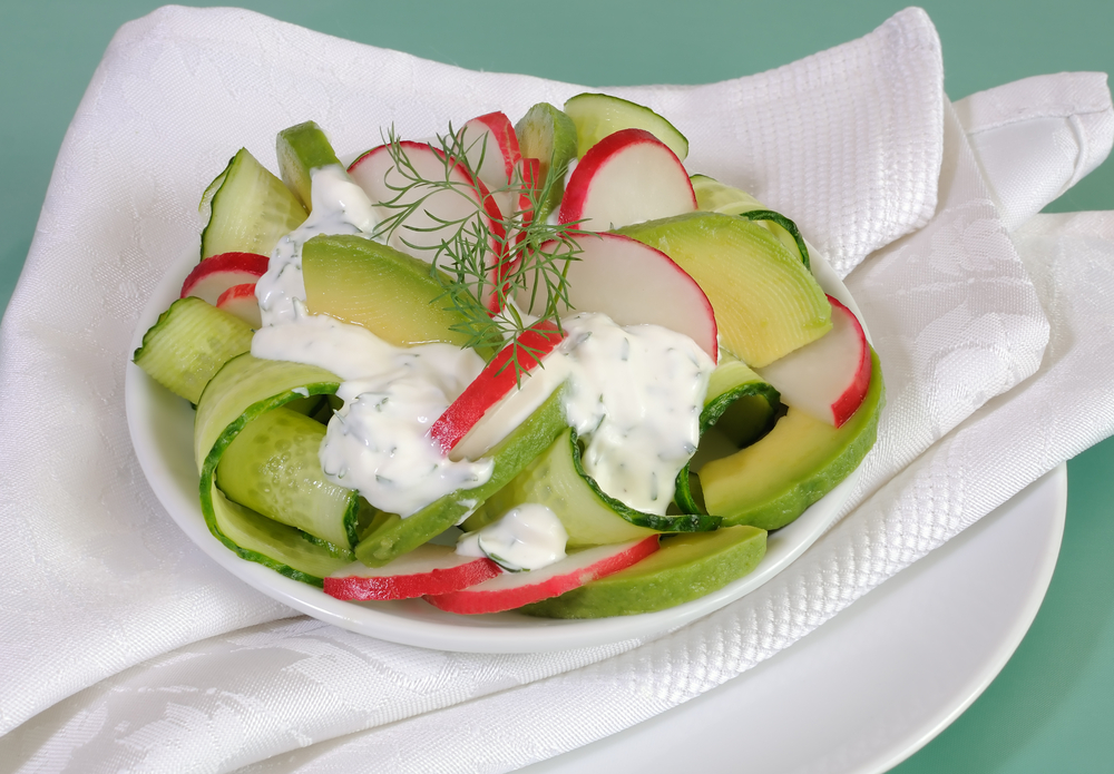 Cucumber,Salad,With,Radish,And,Avocado,Cream,Sauce,And,Dill