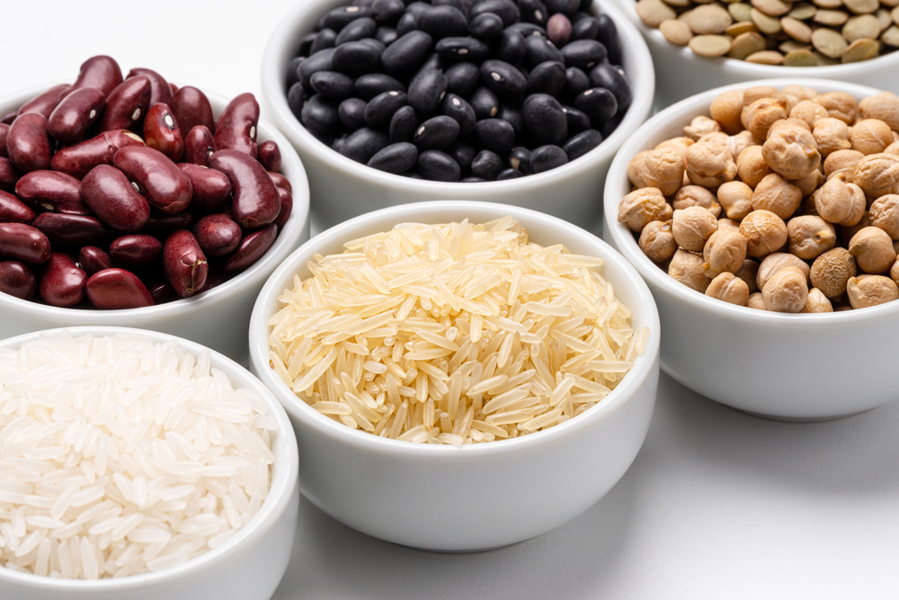 Rice,And,Beans,Ingredients,Closeup.,Bowl,Of,Basmati,Rice,Surrounded