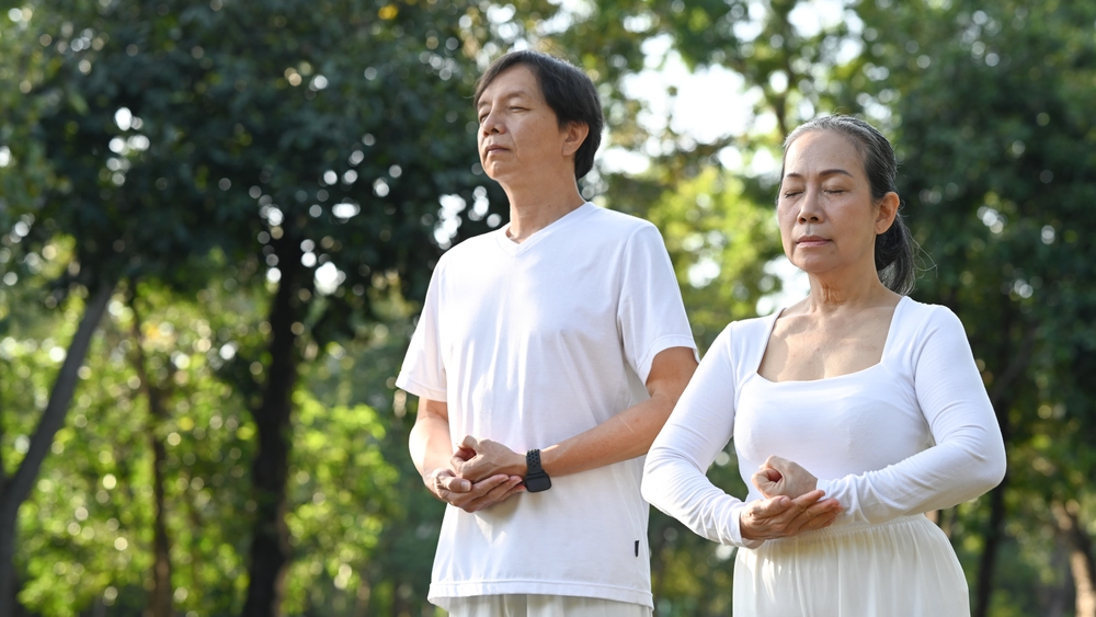 Image,Of,Peaceful,Senior,Couple,Doing,Qi,Gong,Or,Tai